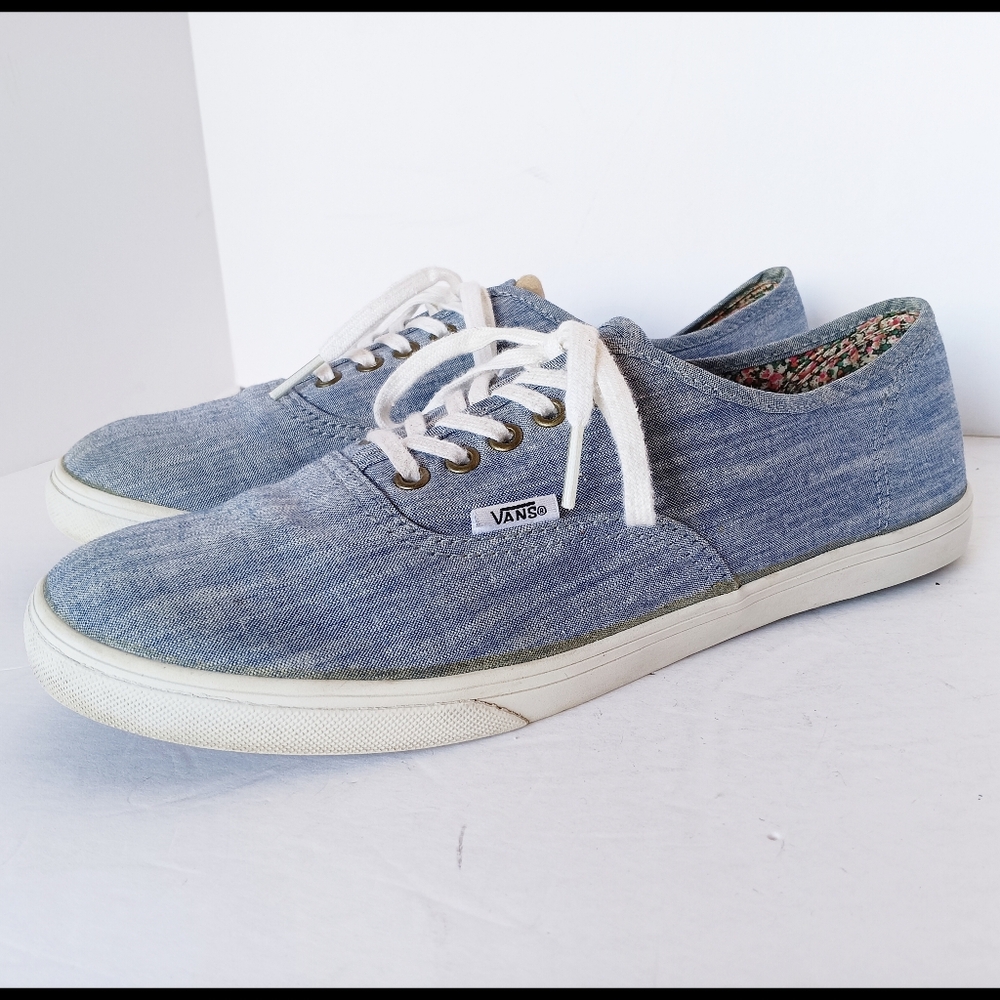 🖤 Vans Blue Denim Style Canvas Sneakers Shoes Floral Low 8 9.5 Skate